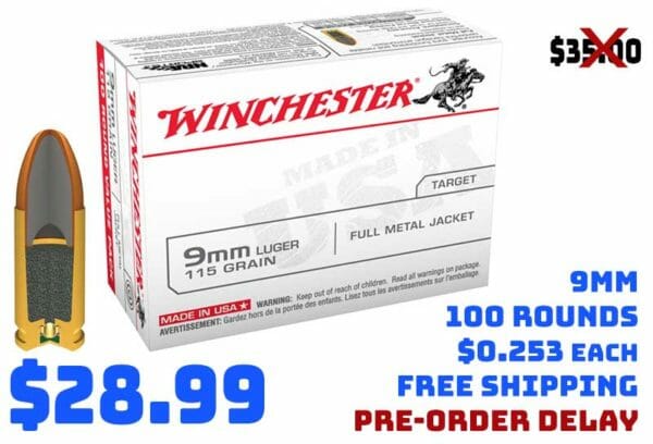 100 Round Box Winchester 9mm Luger 115 Grain FMJ Ammunition Deal sept2020