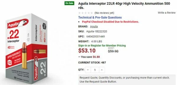 Aguila Interceptor 22LR 40gr High Velocity Ammunition 500 rds.