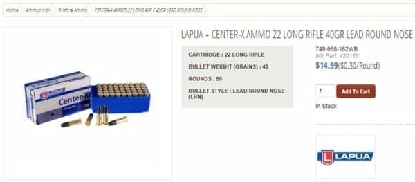 Lapua Center-X Ammo 22 Long Rifle 40Gr Lead Round Nose