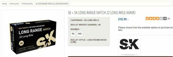 SK Long Range Match 22 Long Rifle Ammo