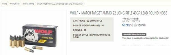 Wolf Match Target Ammo 22 Long Rifle 40Gr Lead Round Nose