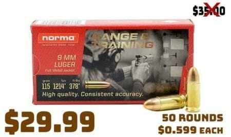 Norma Range 115gr FMJ 9mm Ammunition 50 Rounds PSA Deal