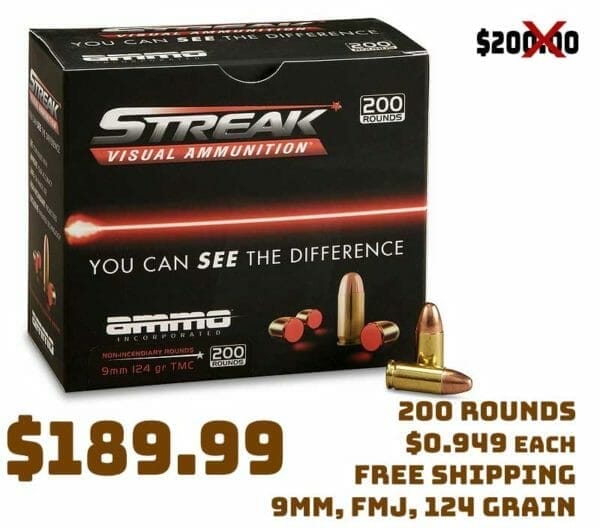 Streak Visual Ammunition, 9mm, FMJ, 124 Grain, 200 Rnds Deal