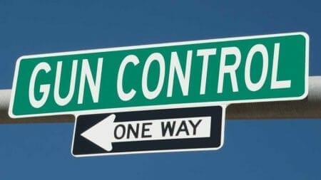 Hollywood Gun Control One Way Sign istock Rex_Wholster 534563676