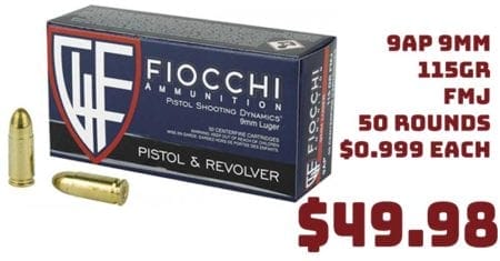 Fiocchi 9AP 9mm 115gr FMJ 50 Rounds Ammunition Deal