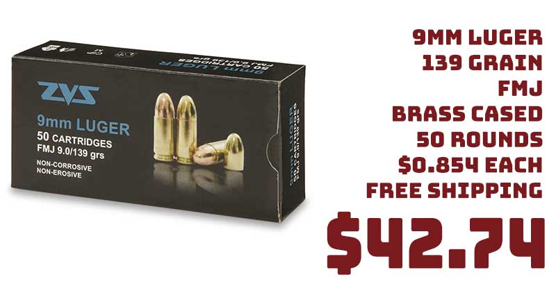 ZVS, 9mm Luger, FMJ, 139 Grain, 50 Rounds Ammo Deal