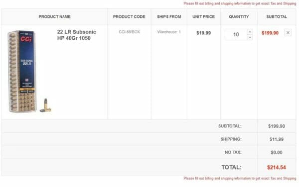 CCI 22LR Subsonic HP 40Gr 1050FPS Ammo Sale Cart Check May2021