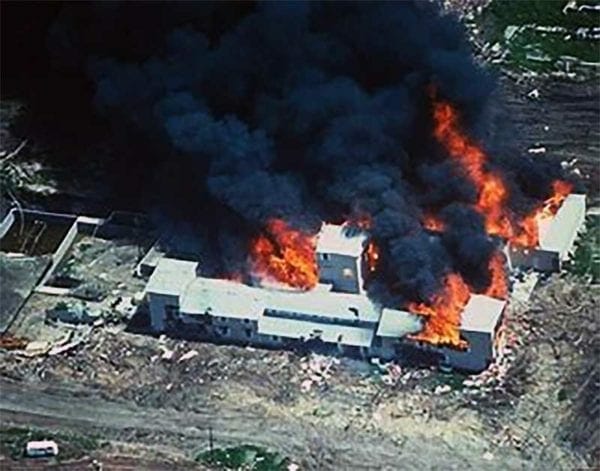 Aerial view of the WACO Mount Carmel compound engulfed in flames. IMG ATF