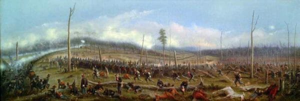 Artwork depicts the Battle of Chickamauga during the Civil War.