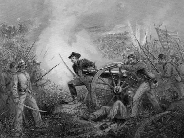 Artwork depicting Union Army Lt. George Van Pelt defending his battery during the Battle of Chickamauga in 1863.