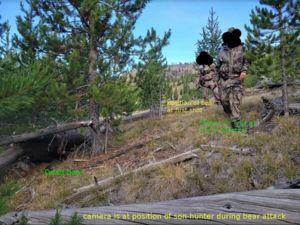 Tyler Barnard defensive shooting positions during a bear attack. The far person is where the bear was at during the first shot, the middle person is where Tyler ended up at the last shot. The person taking the picture is where the son-hunter was during the attack.