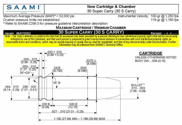 30 Super Carry Cartridge Specifications