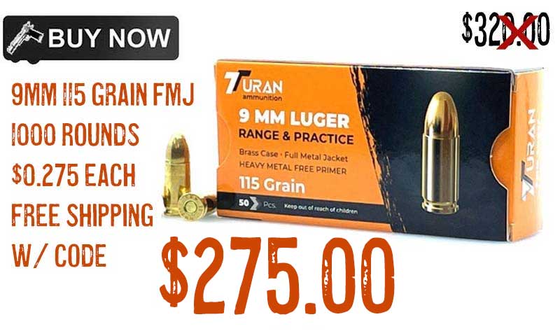 Turan 9mm 115 Grain FMJ 1000 Round Ammunition sale sept2022