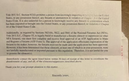 The ATF delivered this Warning Notice to a Louisiana man regarding his purchase of solvent traps from Gunbroker.com account "RifleRemedy2000".