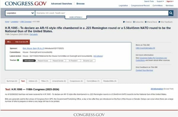 H.R.1095 - To declare an AR-15 style rifle chambered in a .223 Remington round or a 5.56x45mm NATO round to be the National Gun of the United States
