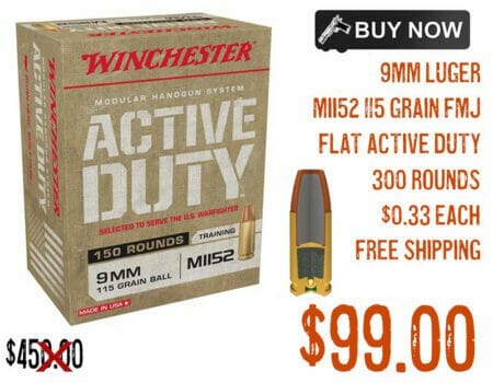 Winchester 9mm Luger MII52 115 Grain Full Metal Jacket Flat Active Duty Ammunition june2023