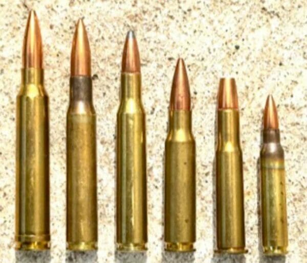 L-R, .300 Winchester Magnum, .30-06 Springfield, .270 Winchester, .308 Winchester, .30-30 Winchester, and “enemy decapitating” .223 Remington.