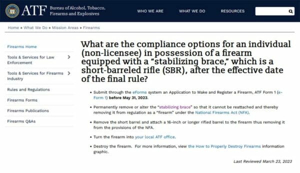 What are the compliance options for an individual stabilizing brace FQ ATF screenbrab 5 26 2023