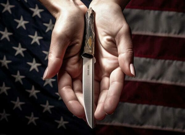 raised woman's hand holding a pocket knife, bright, clear, strong, brave, patriotic, American flag, constitution Image Midjourney AI