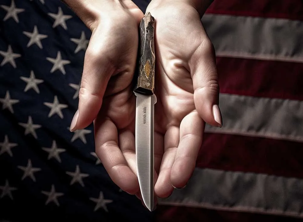 raised woman's hand holding a pocket knife, bright, clear, strong, brave, patriotic, American flag, constitution Image Midjourney AI