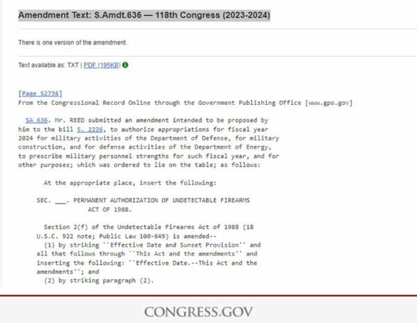 U.S. Senate Trying Reauthorize Undetectable Firearms Act Through NDAA Amendment Text S.Amdt.636 — 118th Congress 2023-2024