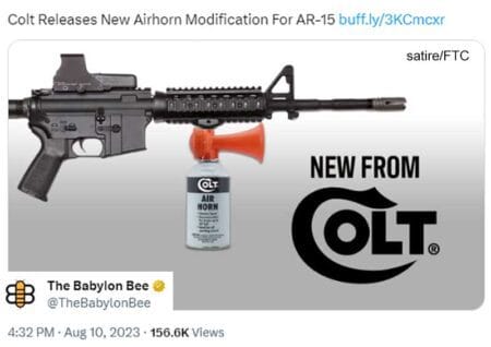 TheBabylonBee Colt Releases New Airhorn Modification For AR-15 satire tweet