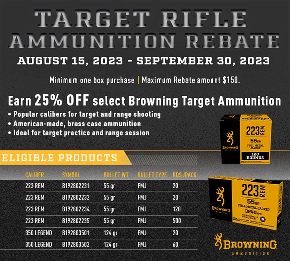 1000 Rnds Browning 223Rem 55 Grain FMJ 0.34 Each Rebate FREE S&H
