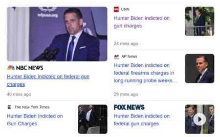 Hunter Biden Indicted on Federal Gun Charges Amid google news screengrab 9-14-2023