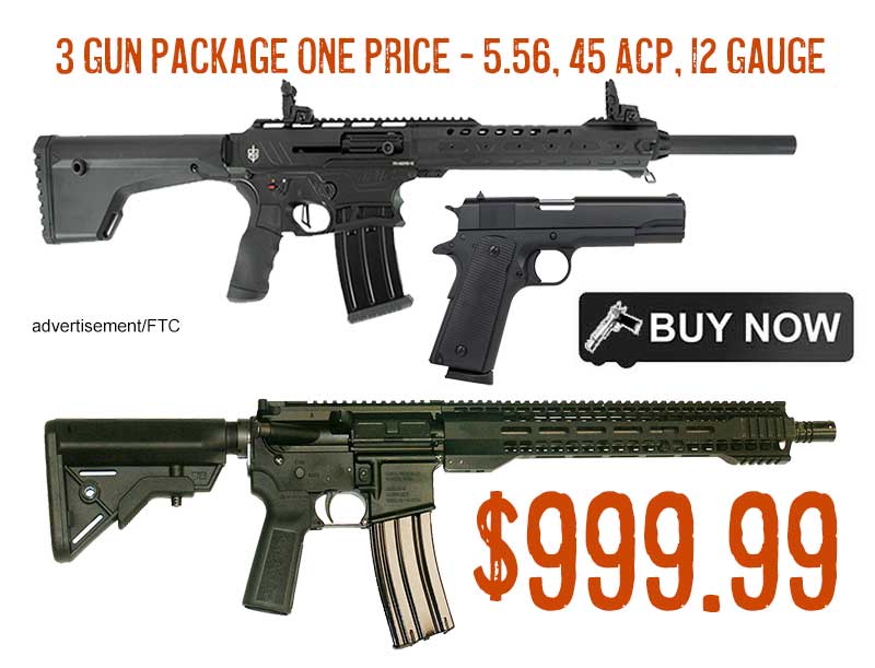3 Gun Package Radical 5.56 Rifle Tisas 45acp 1911 MAC F12 AR 12 Gauge Shotgun lowest price
