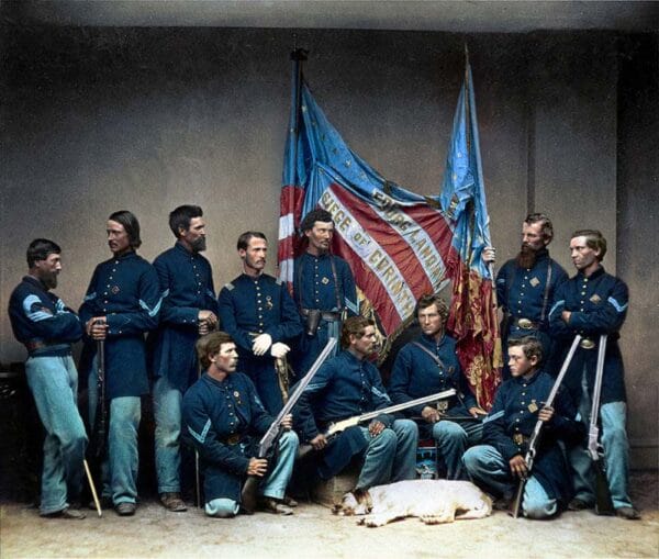 The color guard of the 7th Illinois Volunteer Infantry. Unattributed, Public domain, via Wikimedia Commons