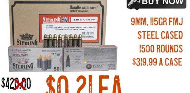 Sterling 9mm 115Gr FMJ Steel Cased Ammunition Lowest Price may2024