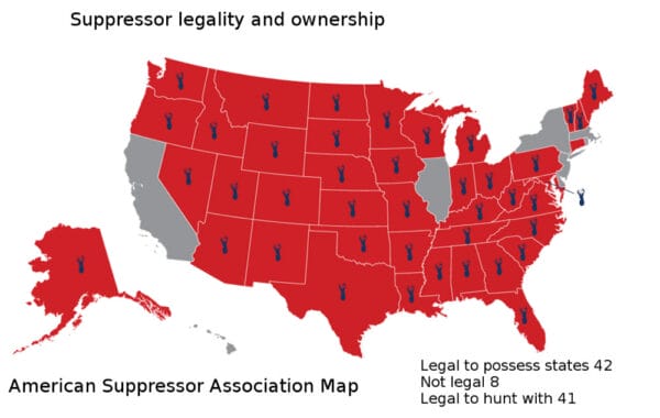 Of the nine repressive states, all but one ban the possession of silencers/suppressors in their state.