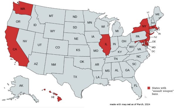 Of those nine states, all but Rhode Island have enacted bans on some semi-automatic firearms, usually under the politically defined label of "assault rifles." 