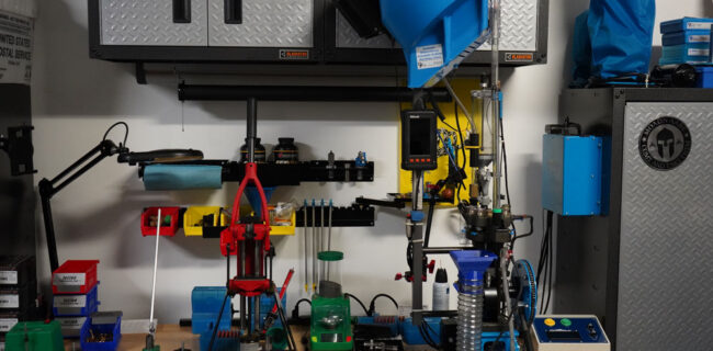 A progressive press is a thing of beauty! Dillon Progressive reloader (right) and a single stage reloader (left). There is a place for both in a reloading set up!