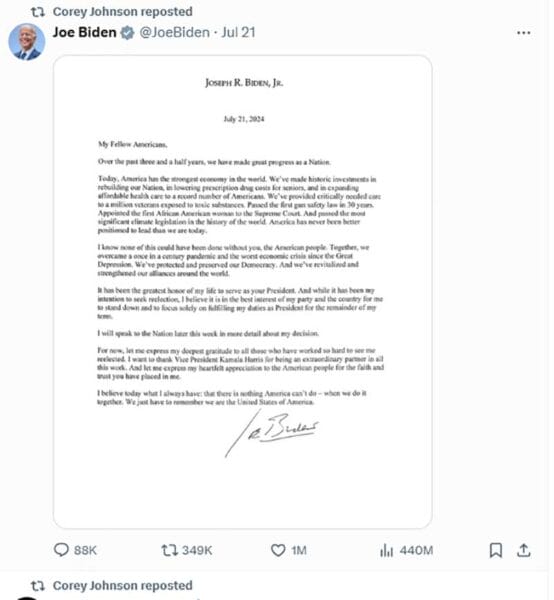 Corey G. Johnson reposting Joe Biden