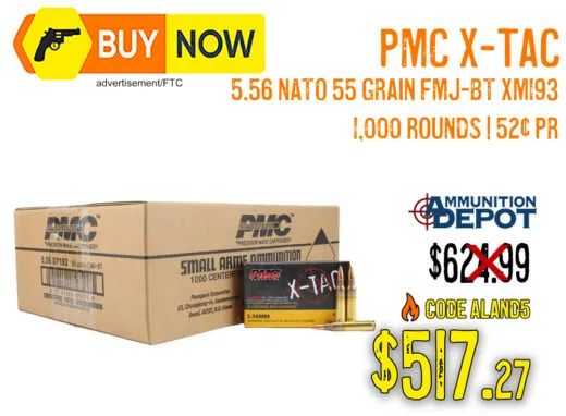 PMC X-TAC 5.56 NATO 55 Grain FMJ-BT XM193 1,000 Rounds &acirc; $517.27 with Code