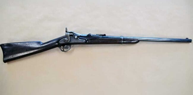 An image of a U.S. Springfield 1868 Model trapdoor carbine is attached to an affidavit filed in federal court. Authorities believe this rifle was taken from the Springfield Armory and is the property of the federal government. (Photo courtesy FBI)