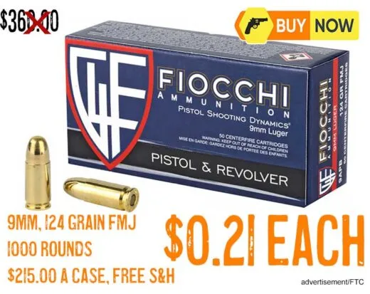 Fiocchi Centerfire Pistol 9mm 124 Grain Full Metal Jacket ammo llowest price