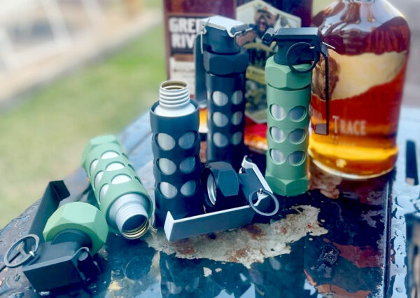 These are food-safe flasks lined with a food-safe grade phenolic liner. These are shot glasses for people who appreciate the appropriate, skilled application of violence and the really loud noises that typically herald a room entry. Skál!