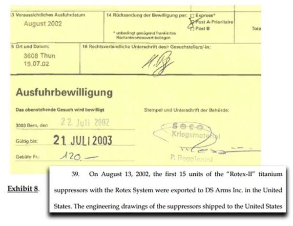 "On August 13, 2002, the first 15 units of the “Rotex-II” titanium suppressors with the Rotex System were exported to DS Arms Inc. in the United States." Page 10 of the B&T Lawsuit