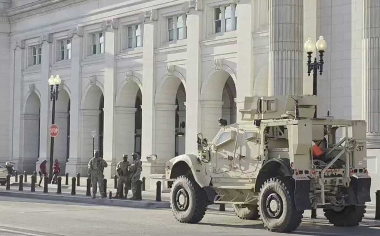 National Guard troops stand guard outside DC's Union Station August 2025