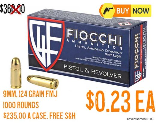 Fiocchi Centerfire Pistol 9mm 124 Grain Full Metal Jacket ammo lowest price sept2025
