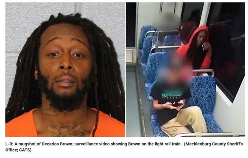 L-R: A mugshot of Decarlos Brown; surveillance video showing Brown on the light rail train. (Mecklenburg County Sheriff’s Office; CATS)