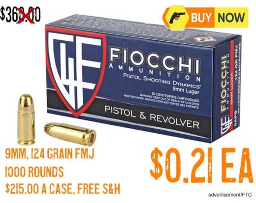 Fiocchi Centerfire Pistol 9mm 124 Grain Full Metal Jacket ammo lowest price oct2025