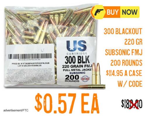 US Cartridge 300 Blackout 220-gr Subsonic FMJ 200 Rounds — $0.57 Each Save 36% Coupon CODE
