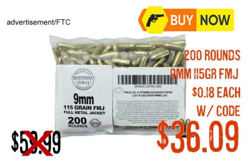 Sportsman’s Select Remanufactured 9mm 115gr FMJ Ammo – 200 Rounds Only $0.18 EA (38% OFF!)