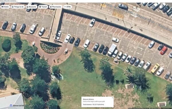 Distance for rearmed terrorist on bridge to disarm site shown as white line from bridge to palm tree, 150 feet. From Google Maps.