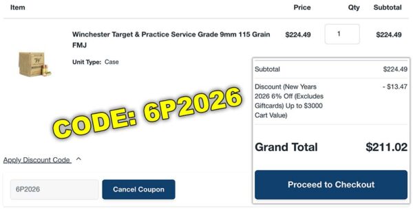 Ammunition Depot has Winchester Target & Practice Service Grade 9mm 115gr FMJ 1,000 round cases marked down with a code to $0.21 each.