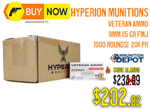 Hyperion Munitions Veteran Ammo 9mm 115gr FMJ 1,000 Rounds — $202.82 w/ Code ALand5