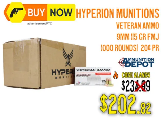 Hyperion Munitions Veteran Ammo 9mm 115gr FMJ 1,000 Rounds &acirc; $202.82 w/ Code ALand5